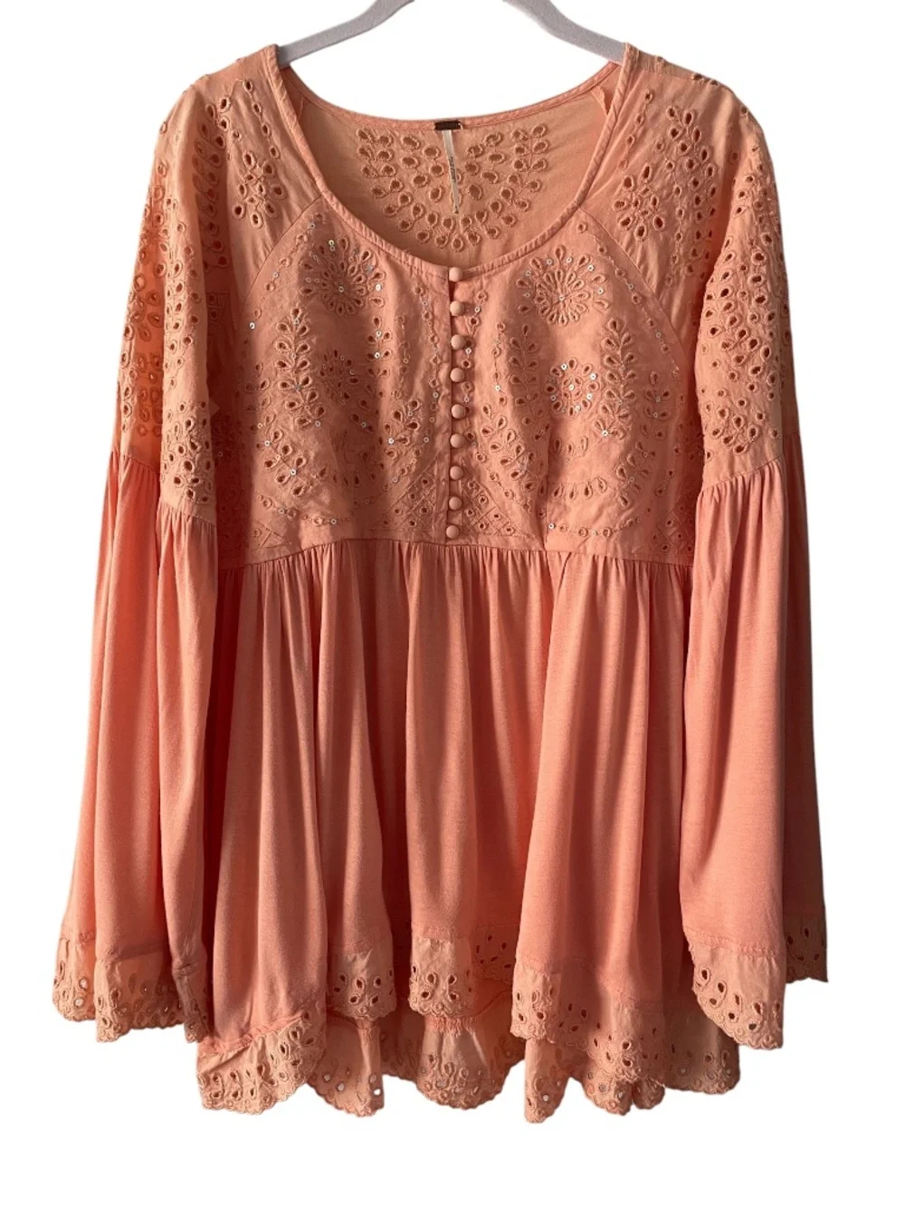 Free People Sea of Love Peach Eyelet Bell Sleeve Top